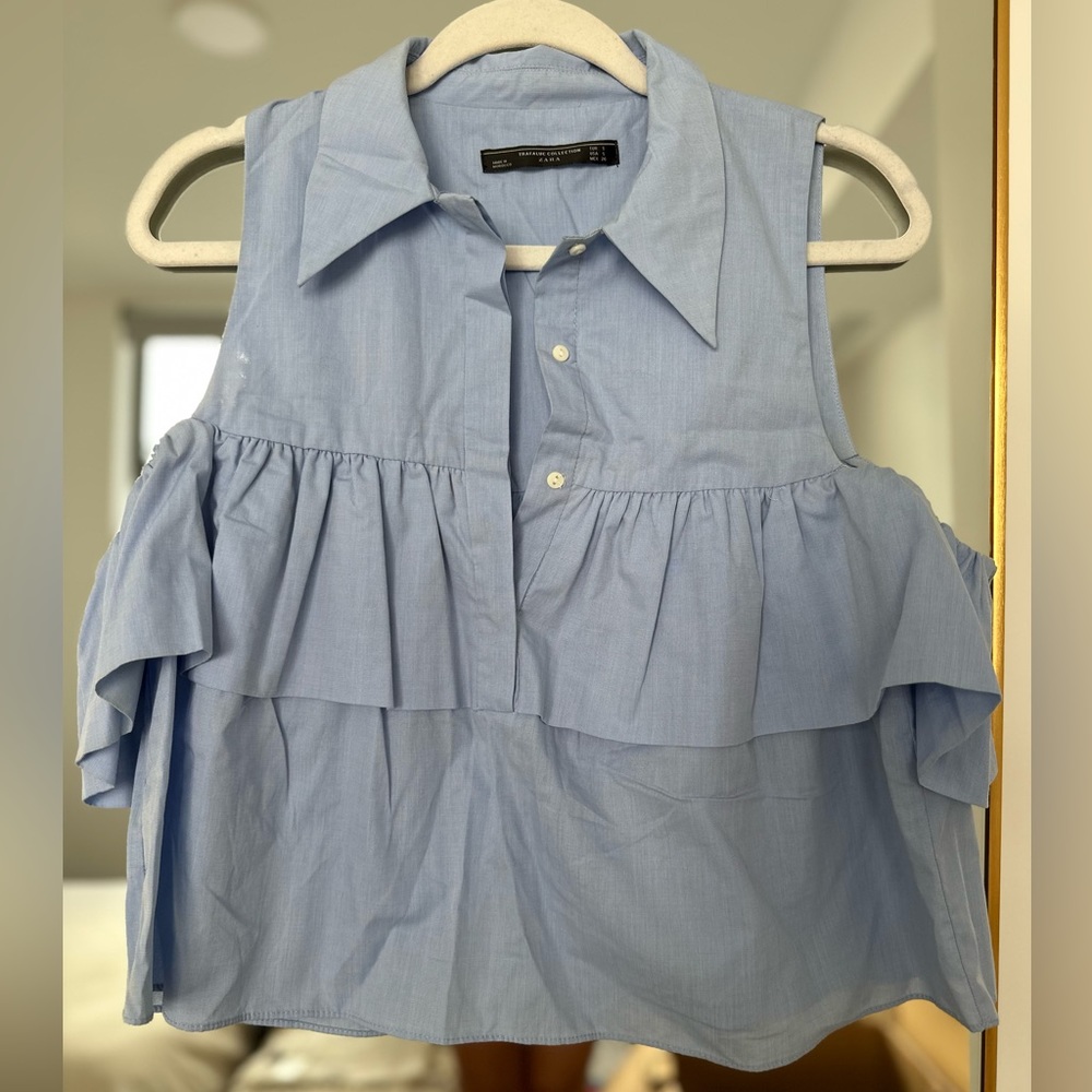 Zara Ruffle Light Blue Button Down Shirt Top With Sleeves